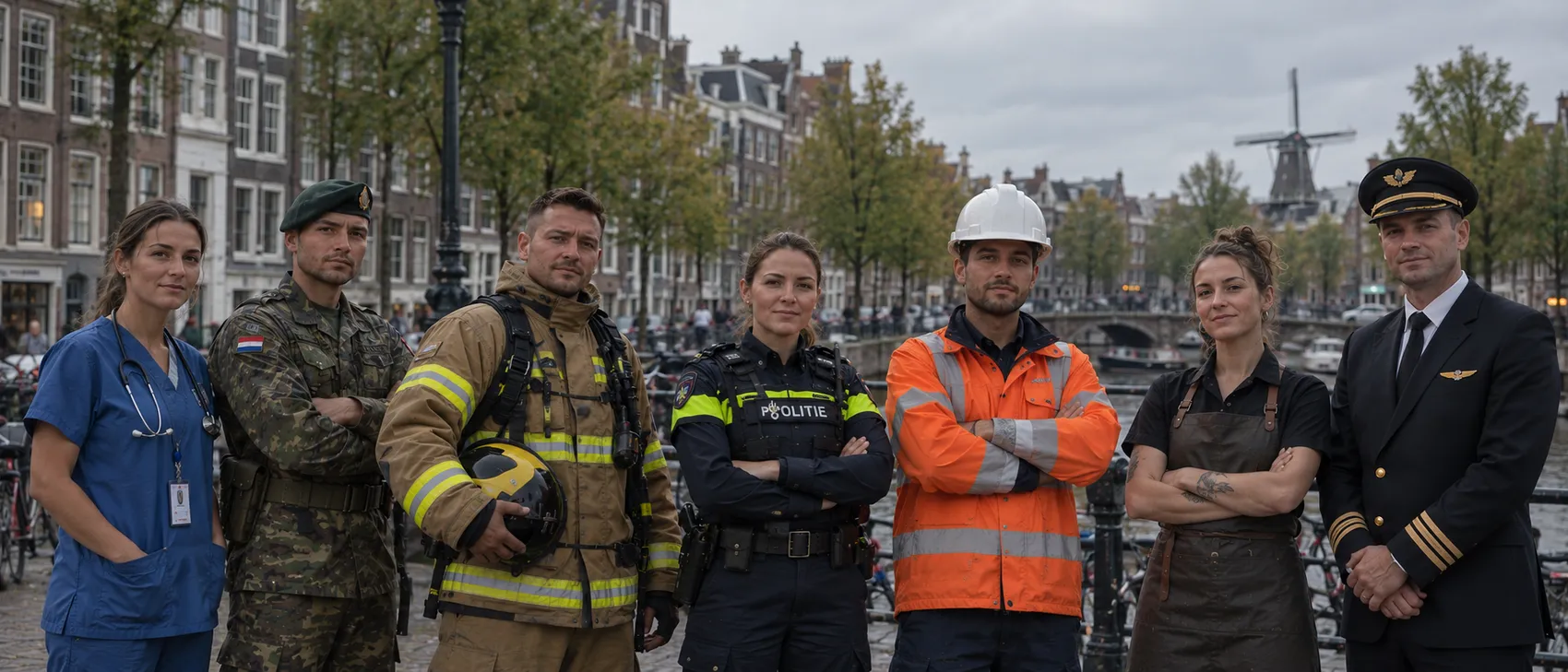 Politieagente, militair, brandweerman en andere professionals aan een Amsterdamse gracht